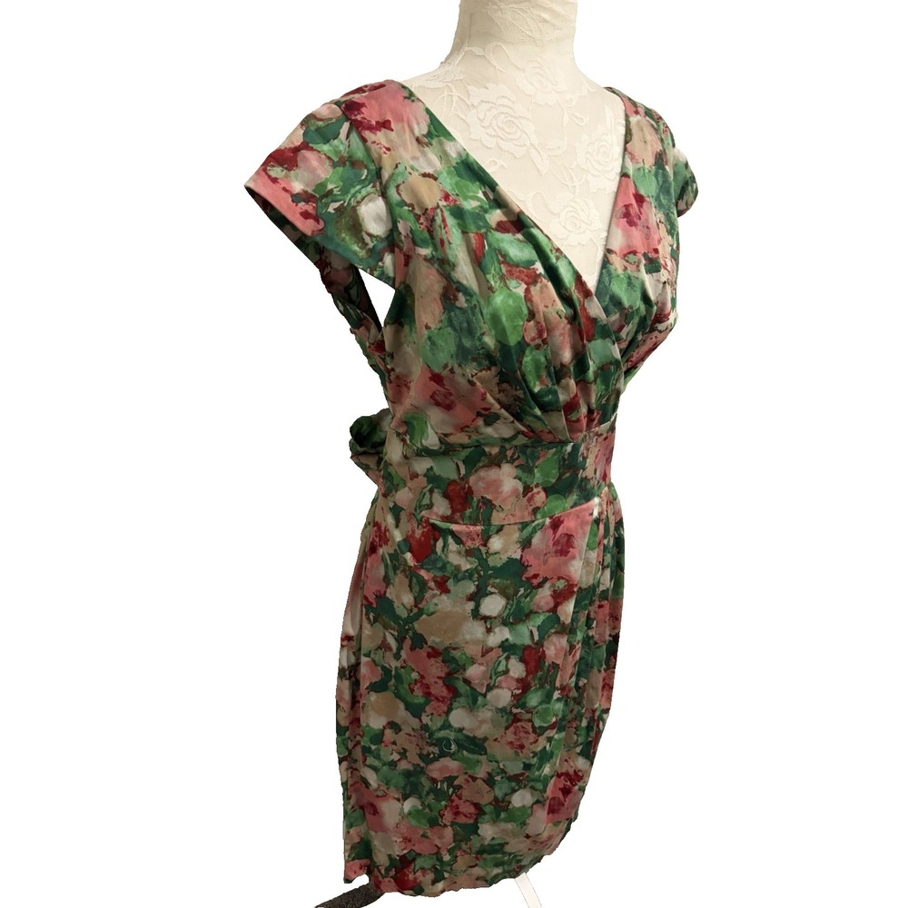 Talbots Cotton Sun Dress~12~ Watercolor Floral Fitted Belted V Nk Cap Sl Cottage - Picture 3 of 16